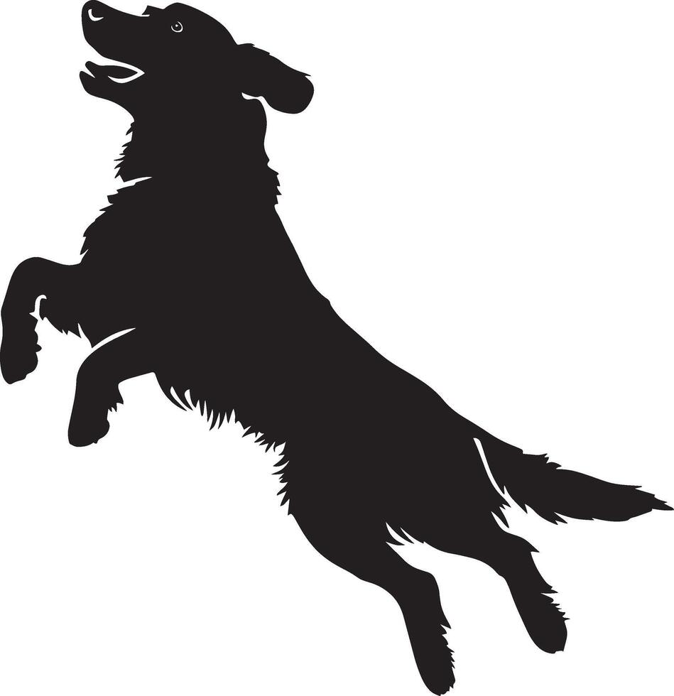 Dog in Mid-Jump Silhouette A dog soaring upward with legs extended, showcasing its agility, complete black silhouette design. vector