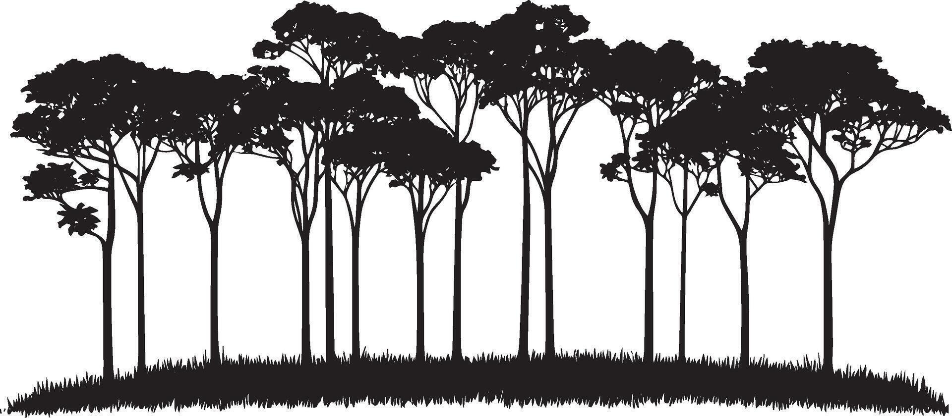 Rainforest Tree Line Silhouette A simple black illustration depicting a row of rainforest trees against a plain background. vector