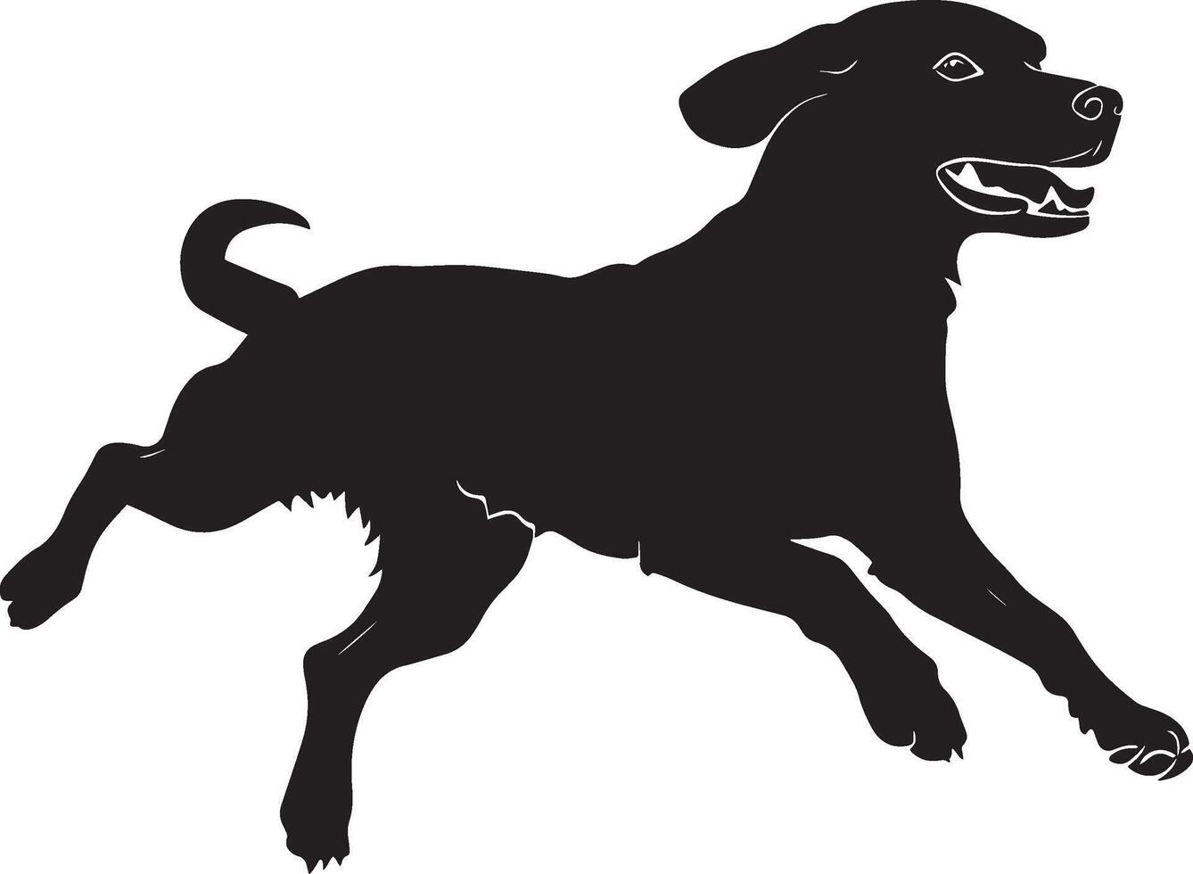 Sprinting Dog Silhouette A dog in full motion, captured mid-run with legs extended, full-length black silhouette illustration. vector