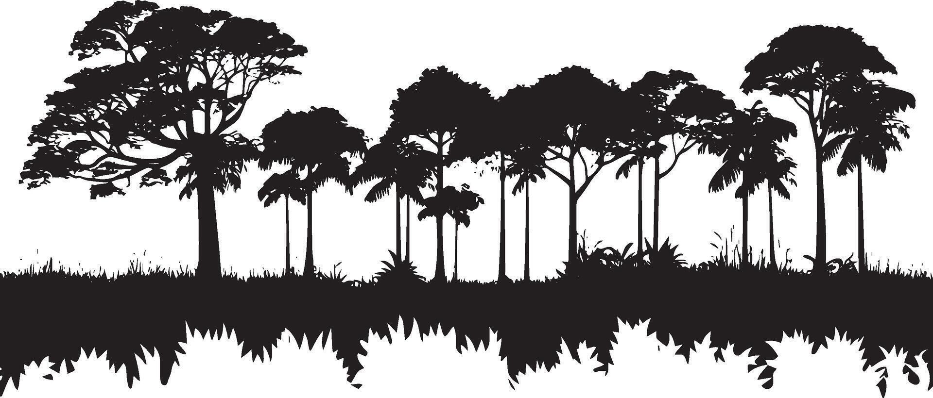 Tropical Tree Line Logo An elegant black silhouette showcasing a line of rainforest trees, emphasizing simplicity and nature. vector