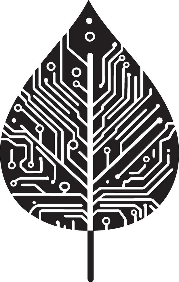 Leaf-Shaped Circuit Board Logo A black illustration featuring a circuit board designed in the form of a leaf. vector