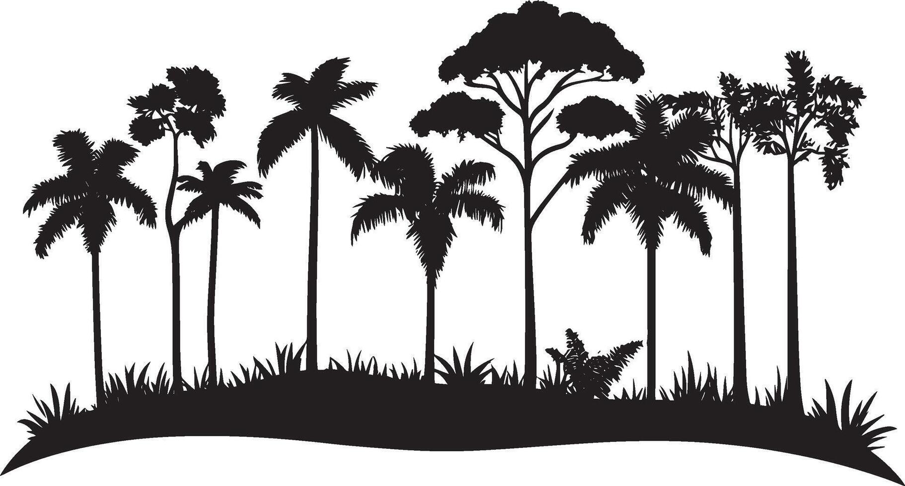 Rainforest Foliage Silhouette A straightforward black illustration of a row of trees typical of a rainforest, conveying a sense of lush greenery. vector