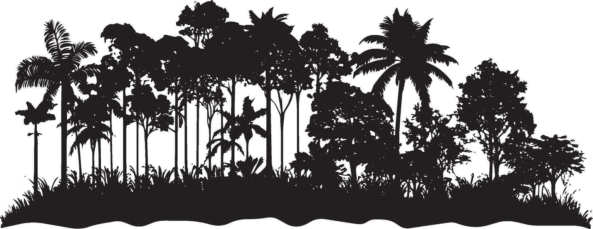 simple silhouette of a line of rainforest trees black illustration vector