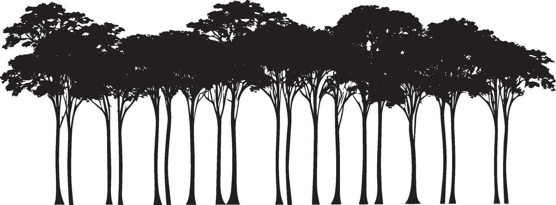 Simple Tree Line Design A clean black silhouette representing a line of rainforest trees, highlighting their tall and slender shapes. vector