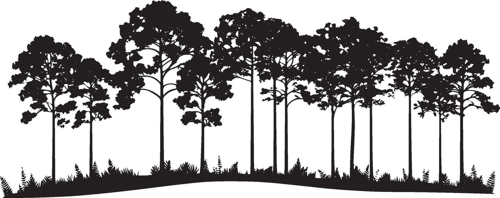 Forest Canopy Silhouette A minimalist black illustration featuring a series of rainforest trees, capturing the essence of a tropical environment. vector