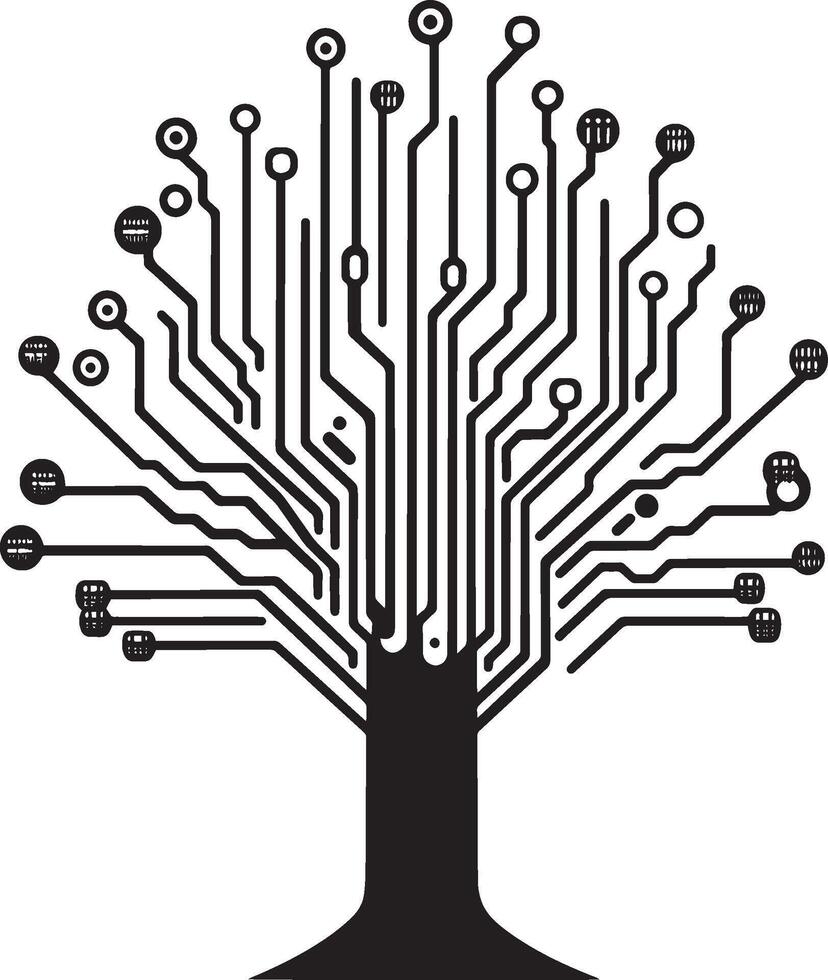 Circuit Tree Emblem A creative black illustration depicting a circuit board styled as a tree, symbolizing technology and nature. vector