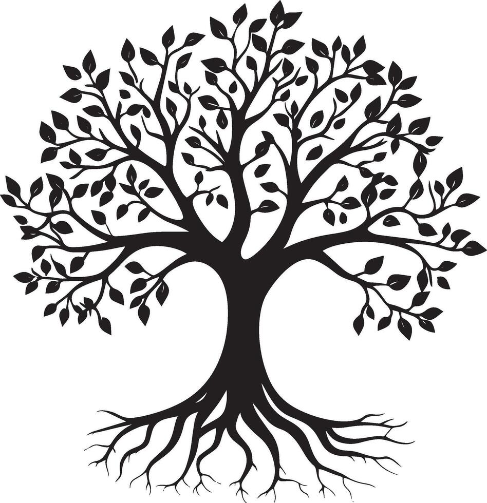 Nature-Inspired Rooted Tree Logo An elegant black illustration showcasing a tree with a detailed root system, emphasizing connection to the earth. vector