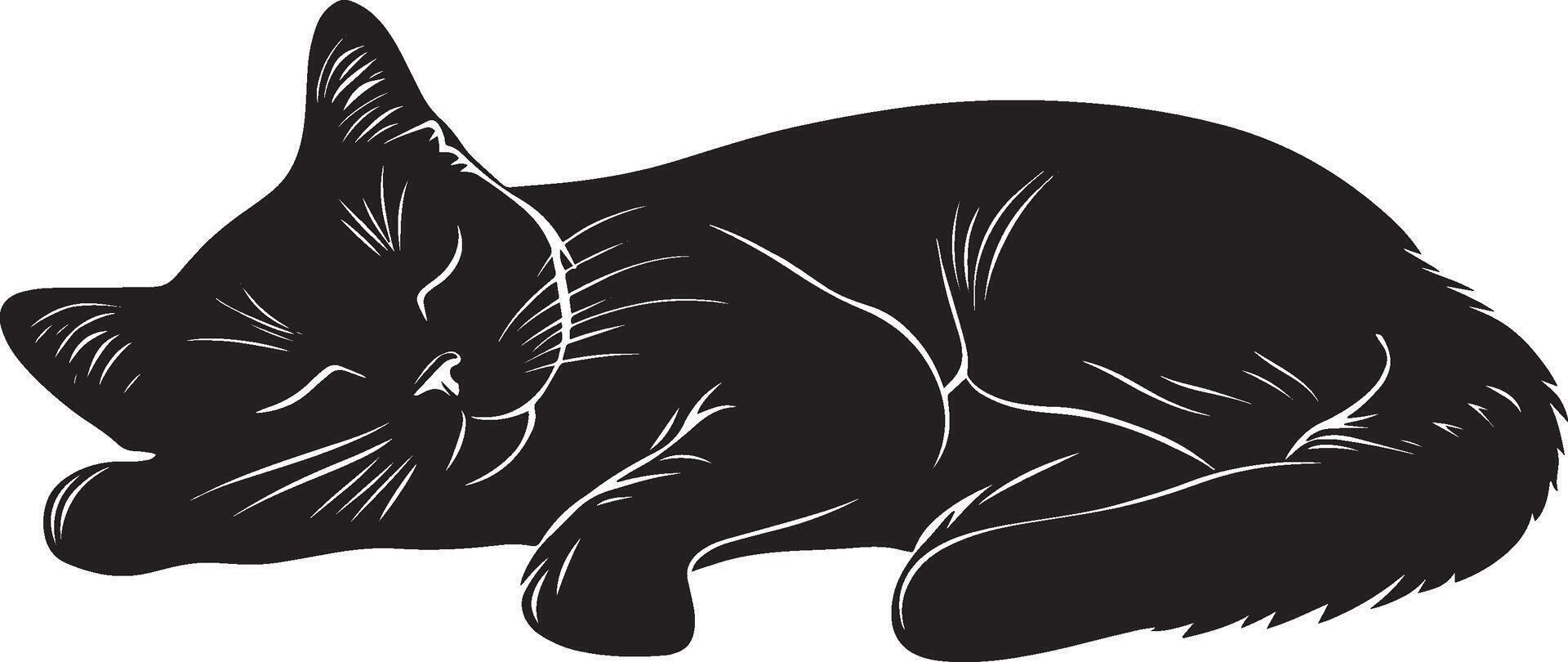 Resting Cat Silhouette A cat curled up peacefully, lying on its side, full-length black silhouette illustration. vector
