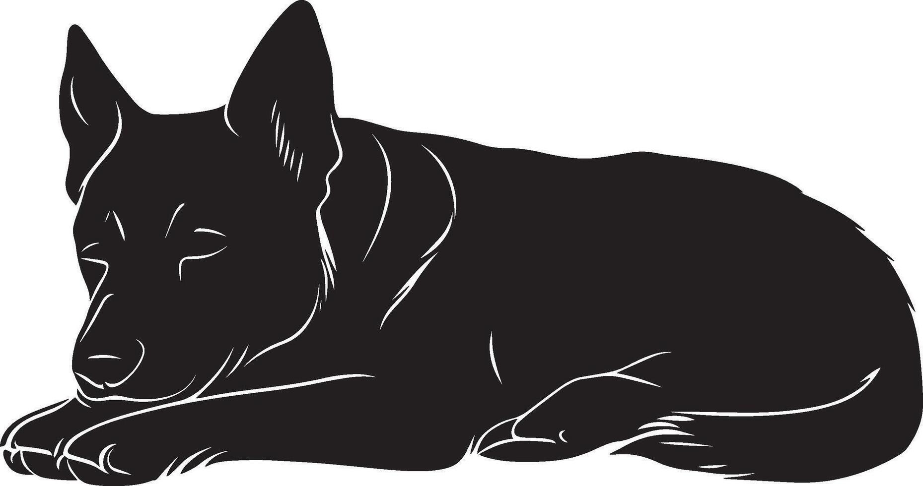 Dog in Slumber Silhouette A dog curled up and relaxed, captured in a serene sleeping position, complete black silhouette design. vector