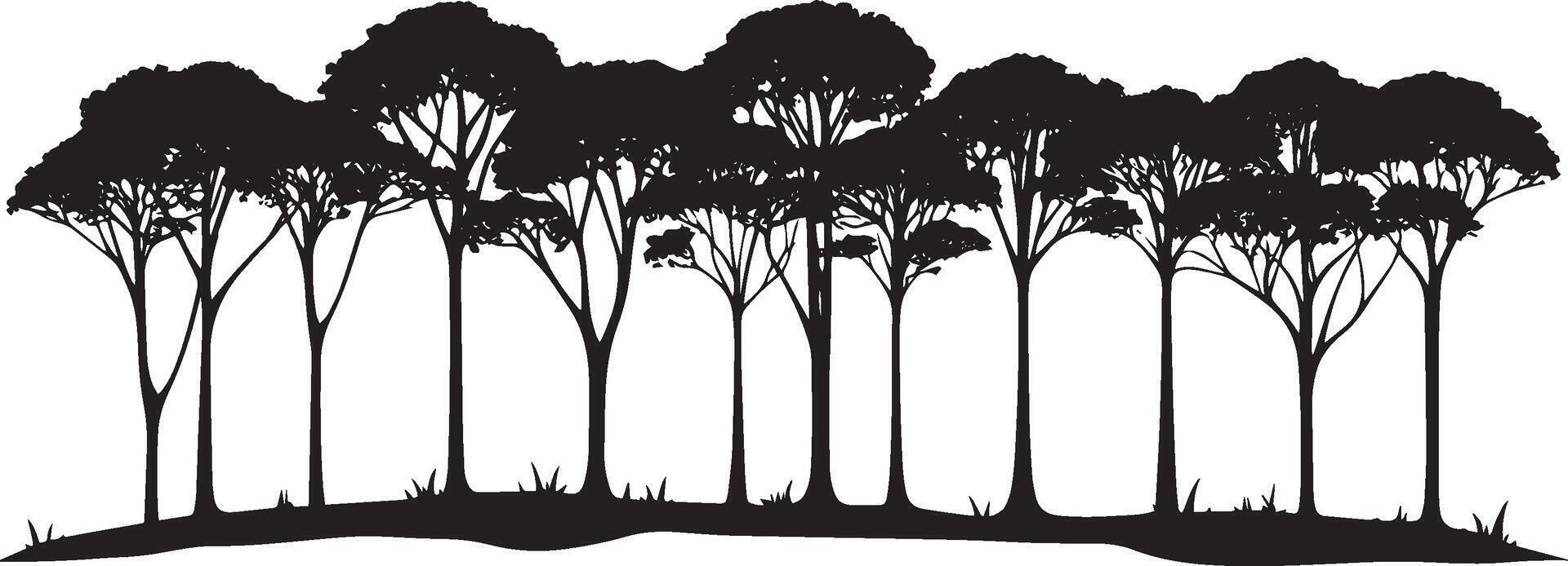 Rainforest Tree Canopy Silhouette A simple black illustration showcasing a line of tropical trees, reflecting the rich biodiversity of the rainforest. vector