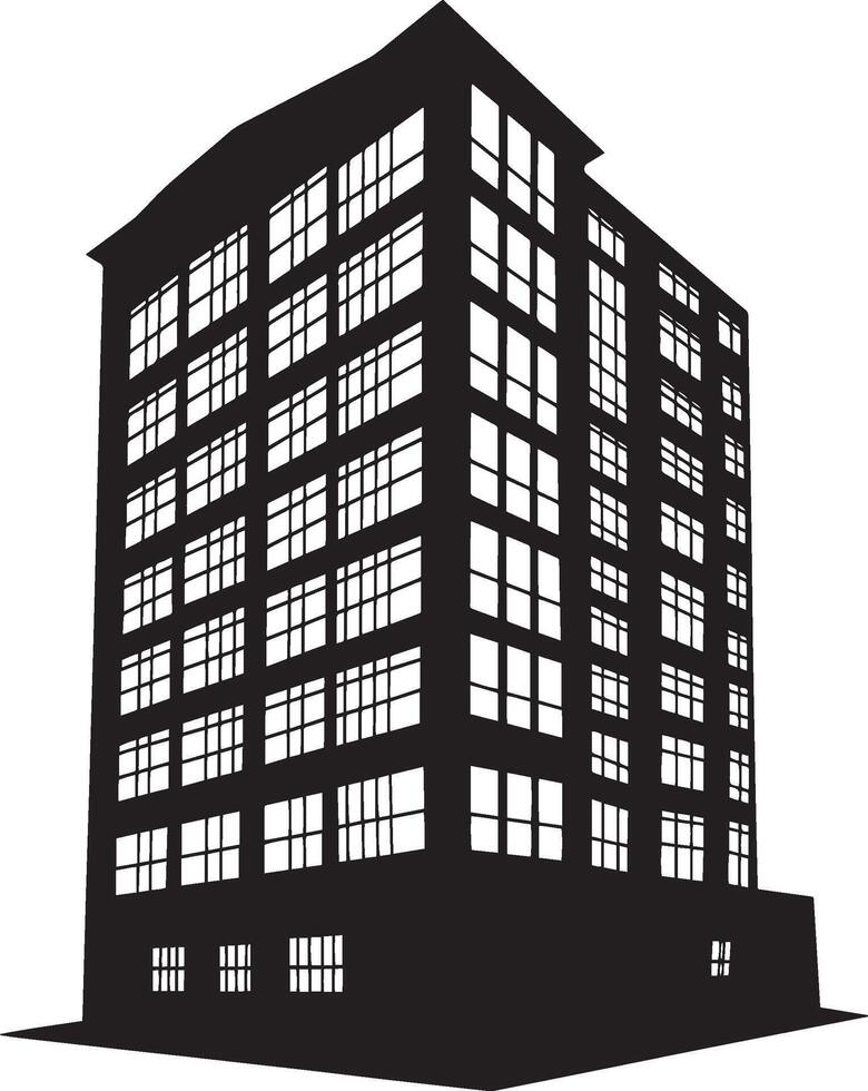 Urban Building Silhouette A black illustration showcasing the outline of a building in a simplified silhouette style. vector
