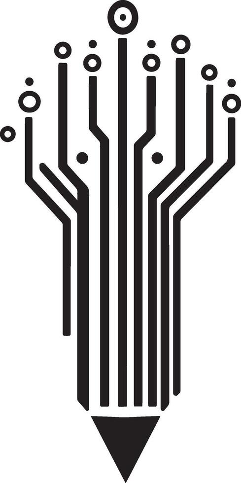 logo of a pencil pointing down with nodes from a circuit board sprouting upwards, simplistic black illustration vector