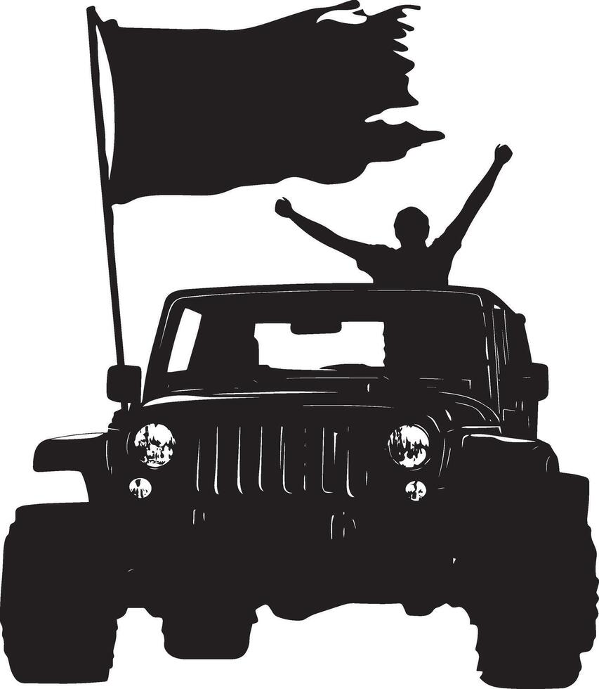Flag-Bearing Vehicle A vehicle flying a flag in victory. full length silhouette black illustration vector