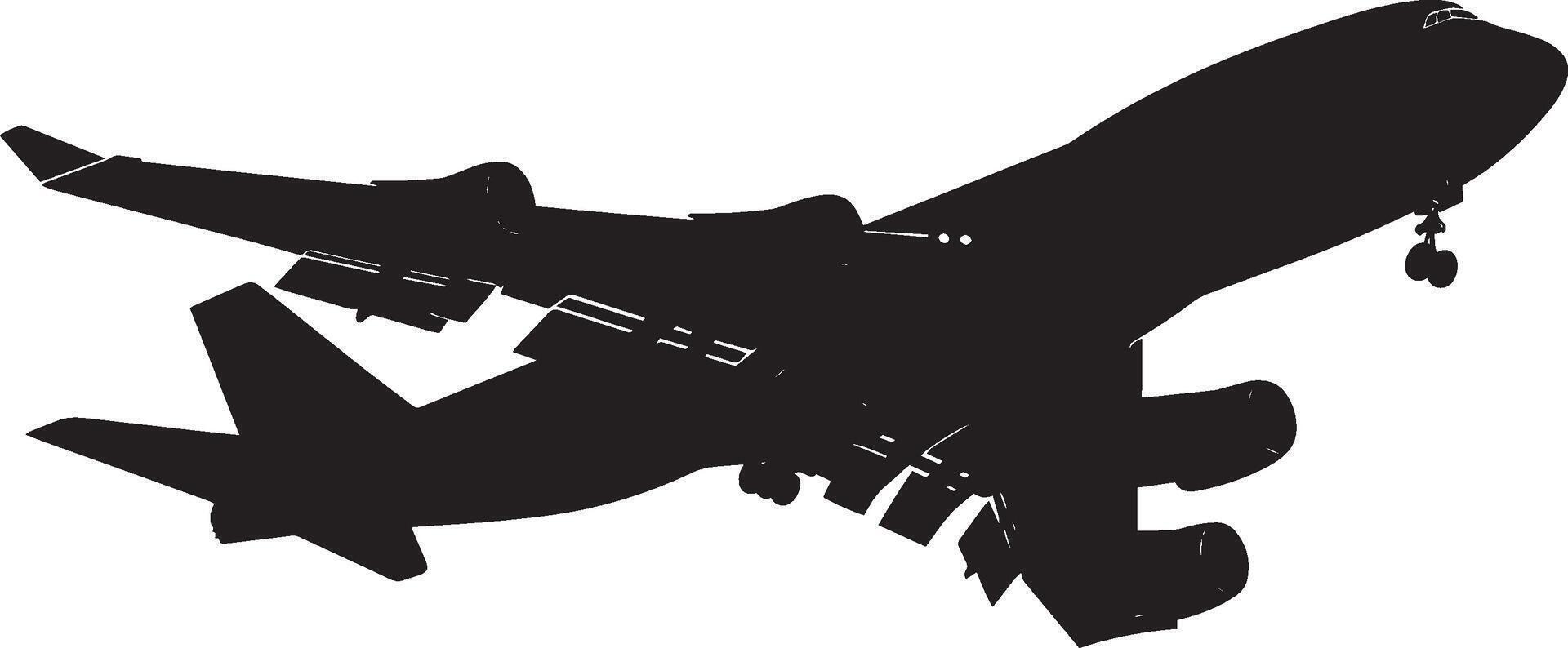 Military Cargo Aircraft A large cargo plane soaring in mid-air, with cargo doors securely closed. Full-length silhouette in black design. vector
