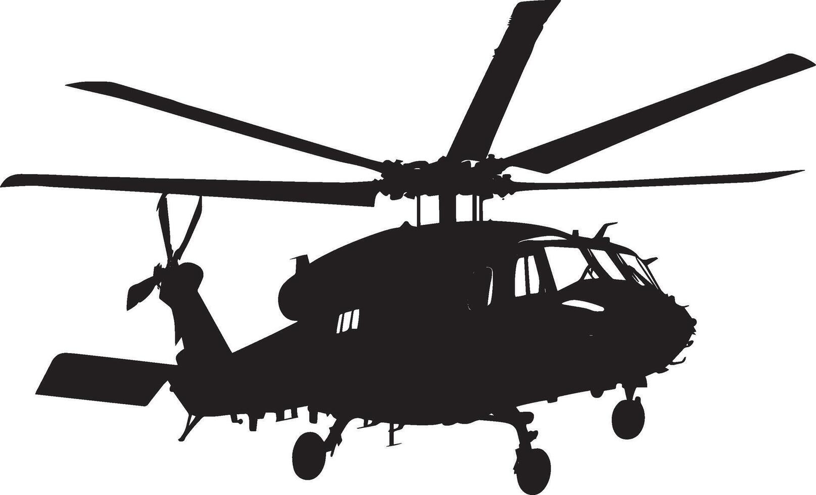 Helicopter in Flight A military helicopter hovering or flying, rotor blades spinning. full length silhouette black illustration vector