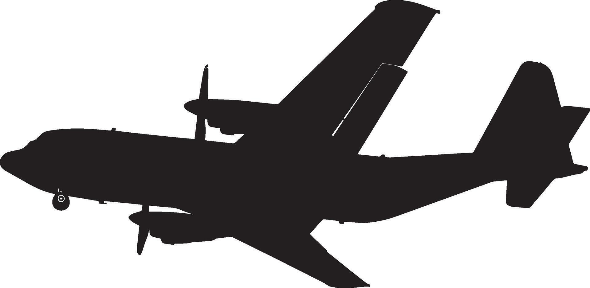Evacuation Aircraft A military plane flying low, set for a personnel or casualty evacuation. Full-length silhouette in black art. vector