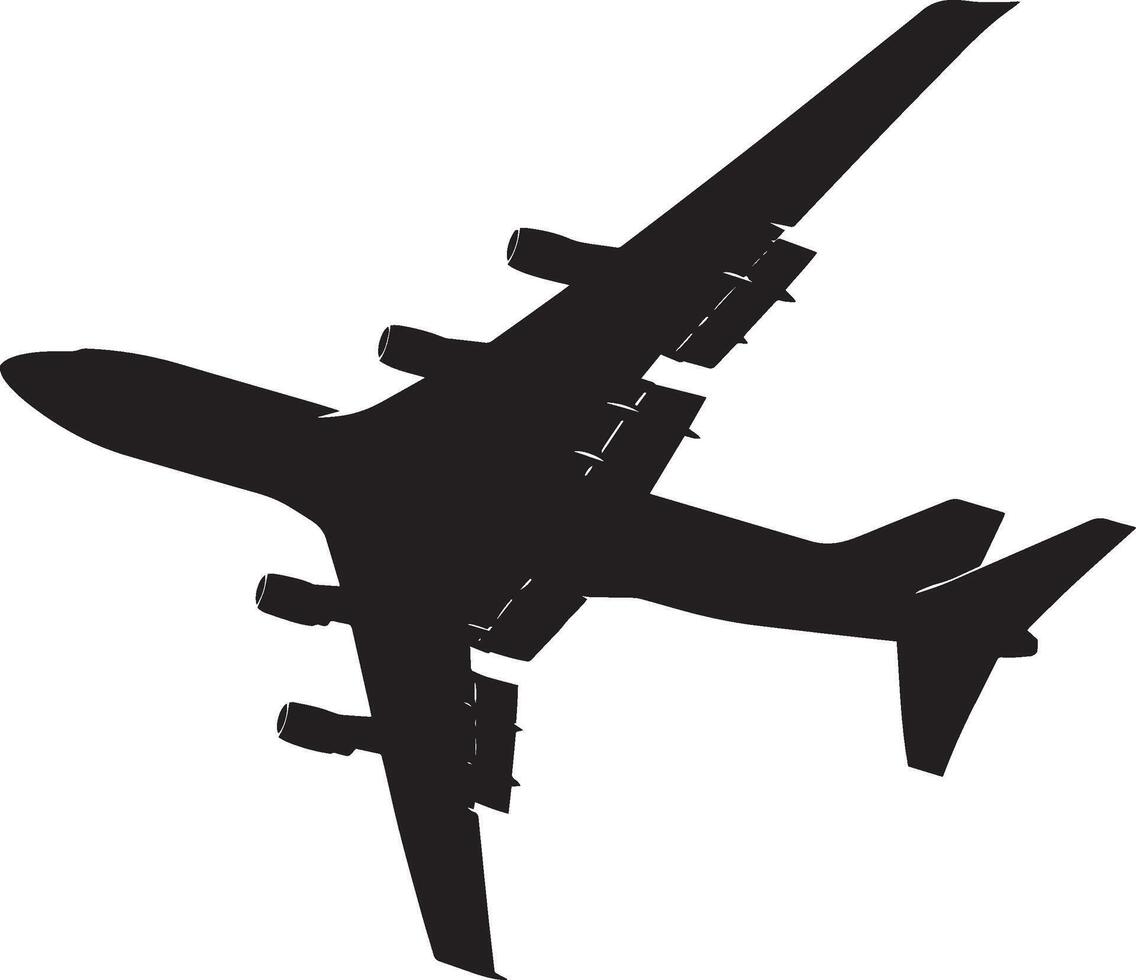 Cargo Plane in Flight A large military cargo plane flying steadily with cargo doors closed. Full-length silhouette in black art. vector