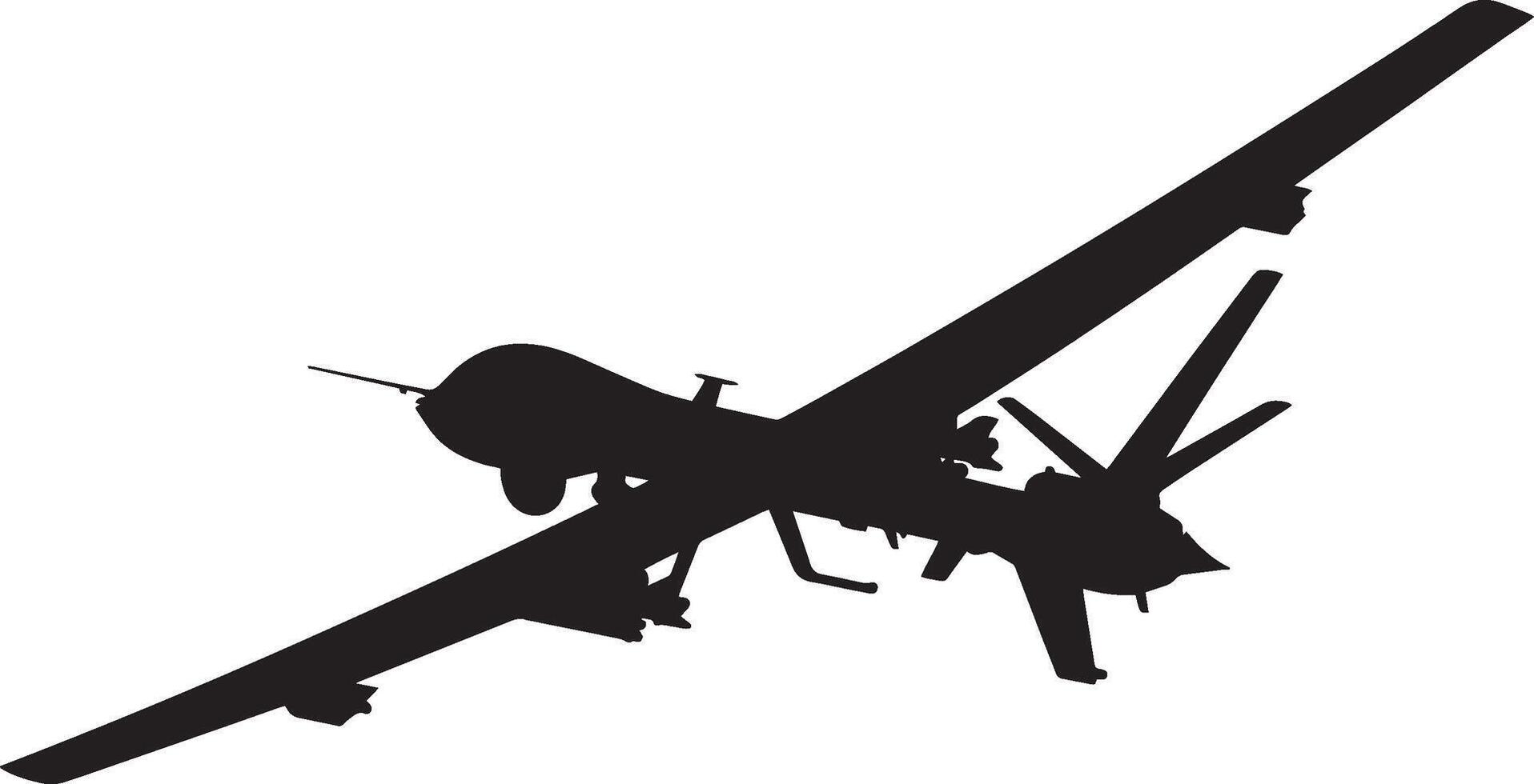 Drone Soaring in the Sky A military drone flying high with wings extended. Full-length silhouette in black art. vector