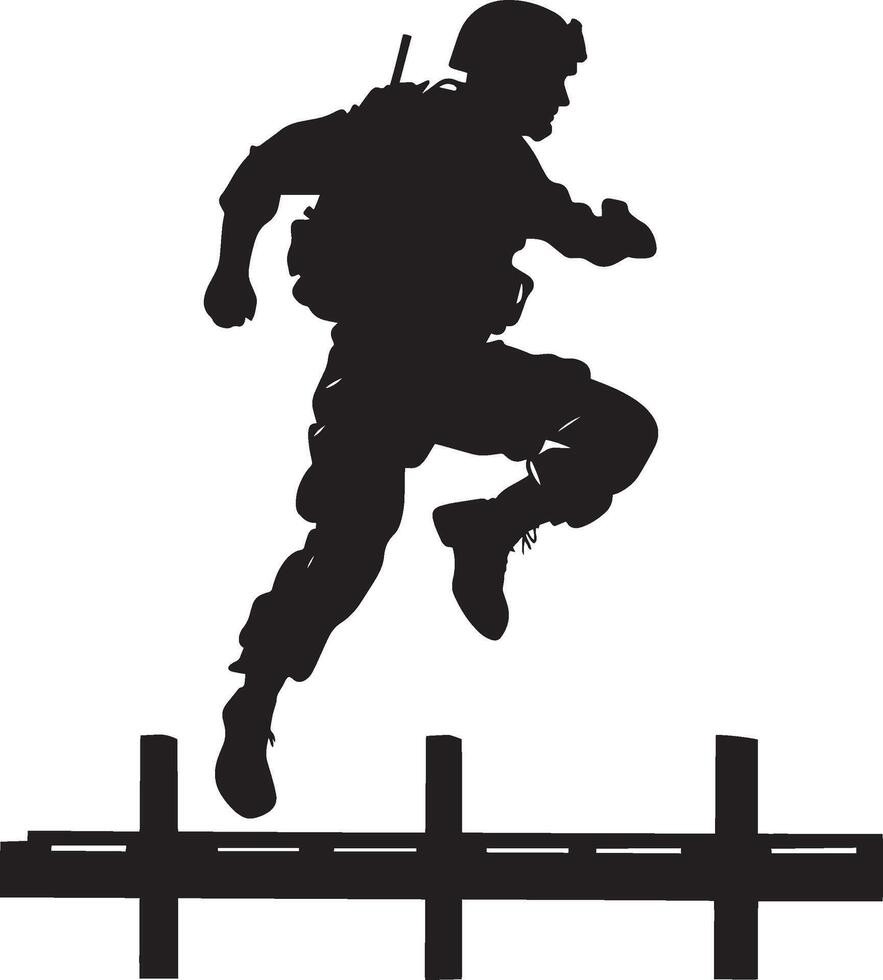 Obstacle Course A soldier navigating an obstacle course, jumping over hurdles or climbing walls. full length silhouette black illustration vector