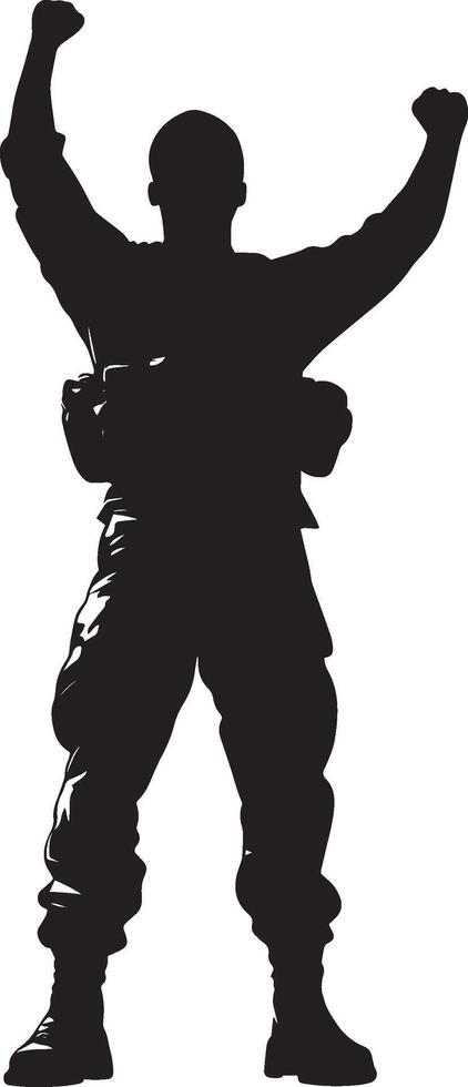 Victory Pose A soldier standing proudly, fist raised in triumph after completing a mission or objective. full length silhouette black illustration vector