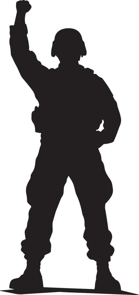 Victory Stance A full-length black of a soldier standing proudly with a raised fist. vector