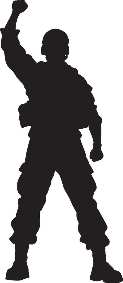 Triumphant Soldier A black silhouette of a soldier with a raised fist in victory. vector