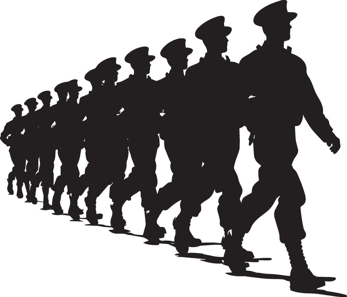 Unified March A black silhouette of soldiers marching in perfect formation. vector