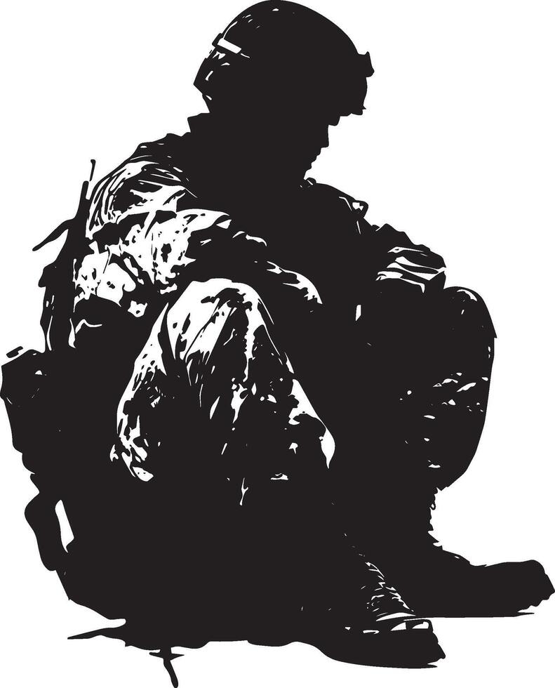 Hiding in Camouflage A soldier blending into their surroundings, crouching or lying still in a camouflaged position. full length silhouette black illustration vector
