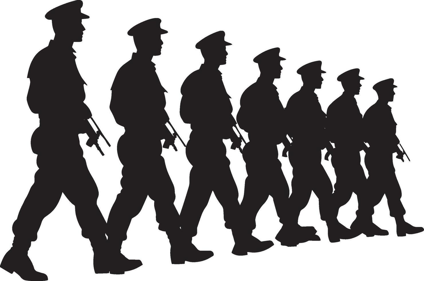 Formation Marching A group of soldiers marching in unison, in a tight formation with uniform steps. full length silhouette black illustration vector