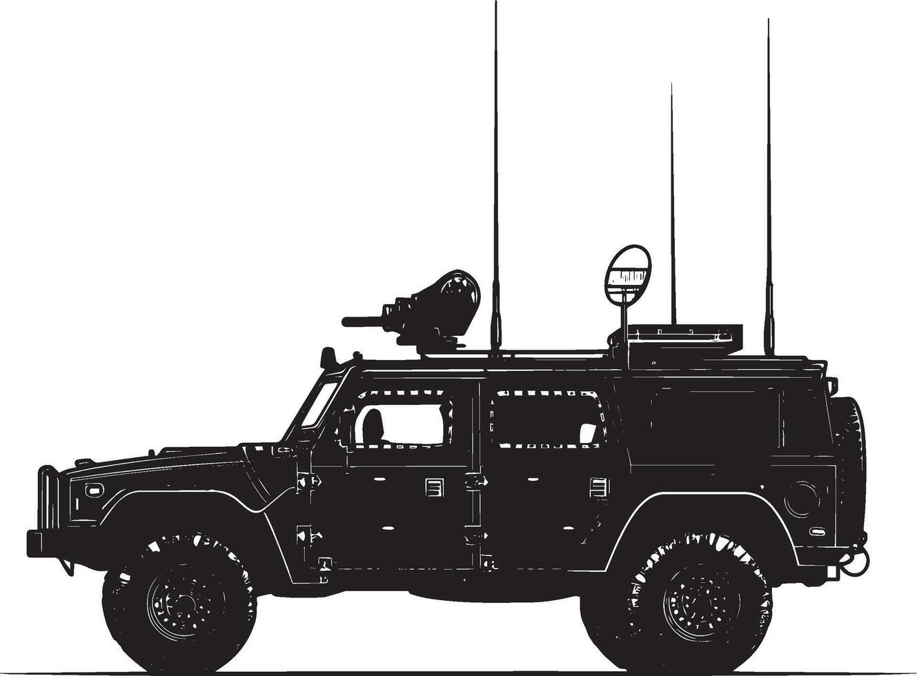 Surveillance Jeep A full-length black of a vehicle with antennas. vector