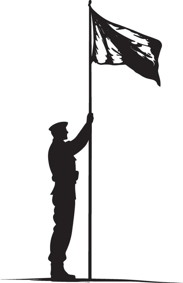 Raising Flag A soldier standing at attention, holding a flagpole while raising or lowering a flag. full length silhouette black illustration vector