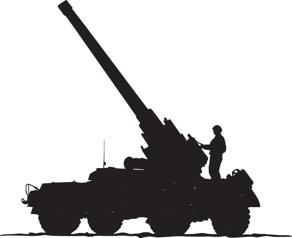 Artillery in Motion Artillery vehicle moving, cannon extended. full length silhouette black illustration vector