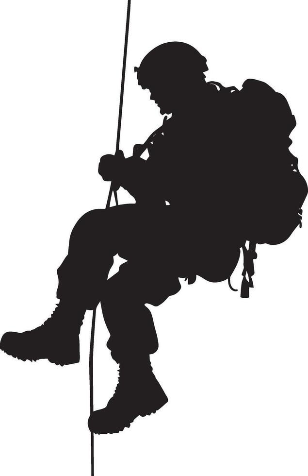 Tactical Rappelling A full-length black of a soldier descending using a rope. vector