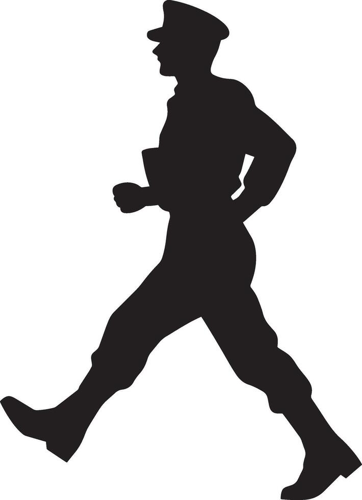 Uniform March A full-length black of a soldier in motion, leg raised and arms swinging. vector