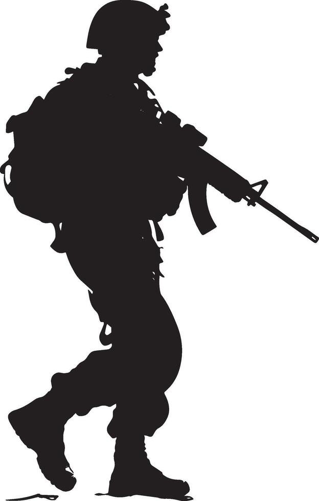 Forward Patrol A silhouette of a soldier carefully advancing with weapon ready. vector