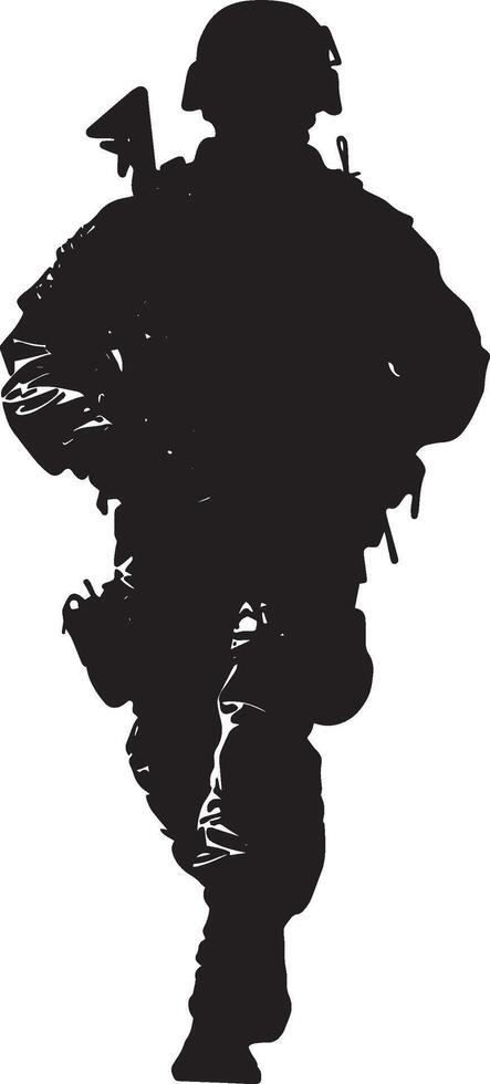 Advancing A soldier walking forward cautiously, scanning the surroundings with weapon raised and ready. full length silhouette black illustration vector