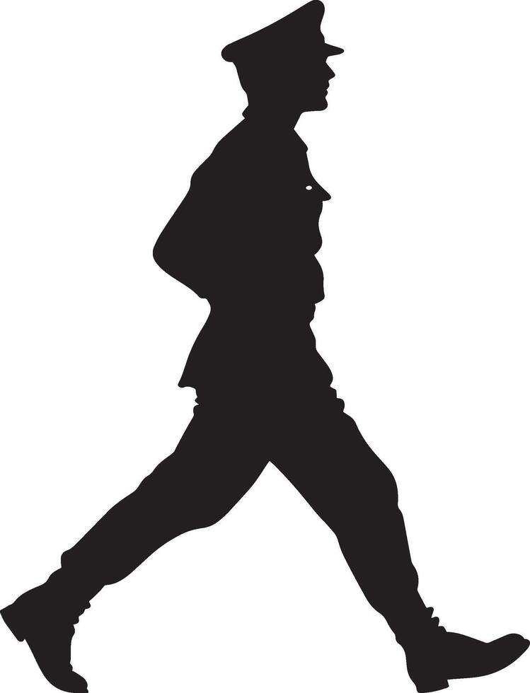 Marching A soldier marching in uniform, one leg raised high while the other is grounded, arms swinging at the sides. full length silhouette black illustration vector