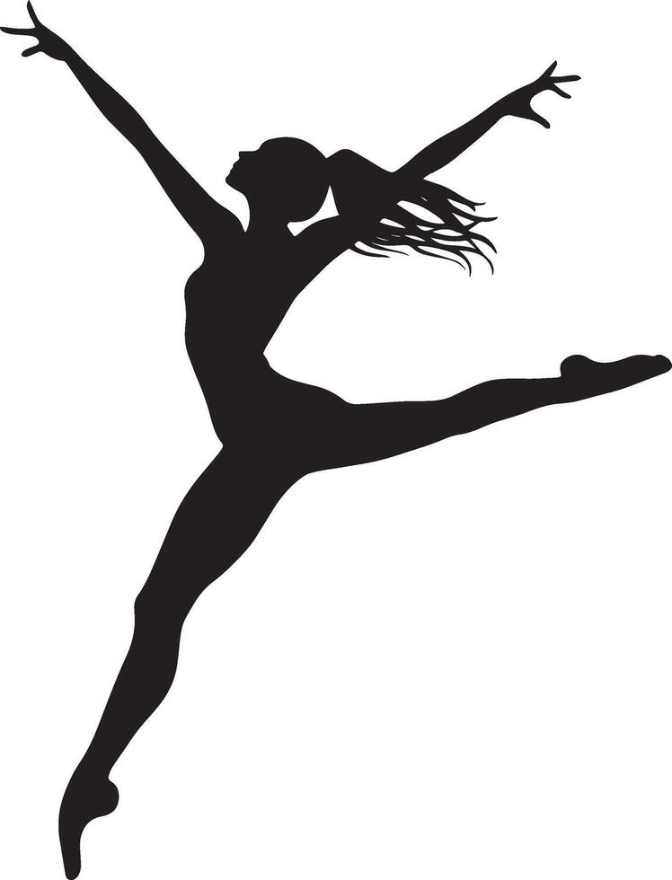 A Ballet dancer jumping in place, legs extended straight, arms in a rounded position. full length silhouette black illustration vector