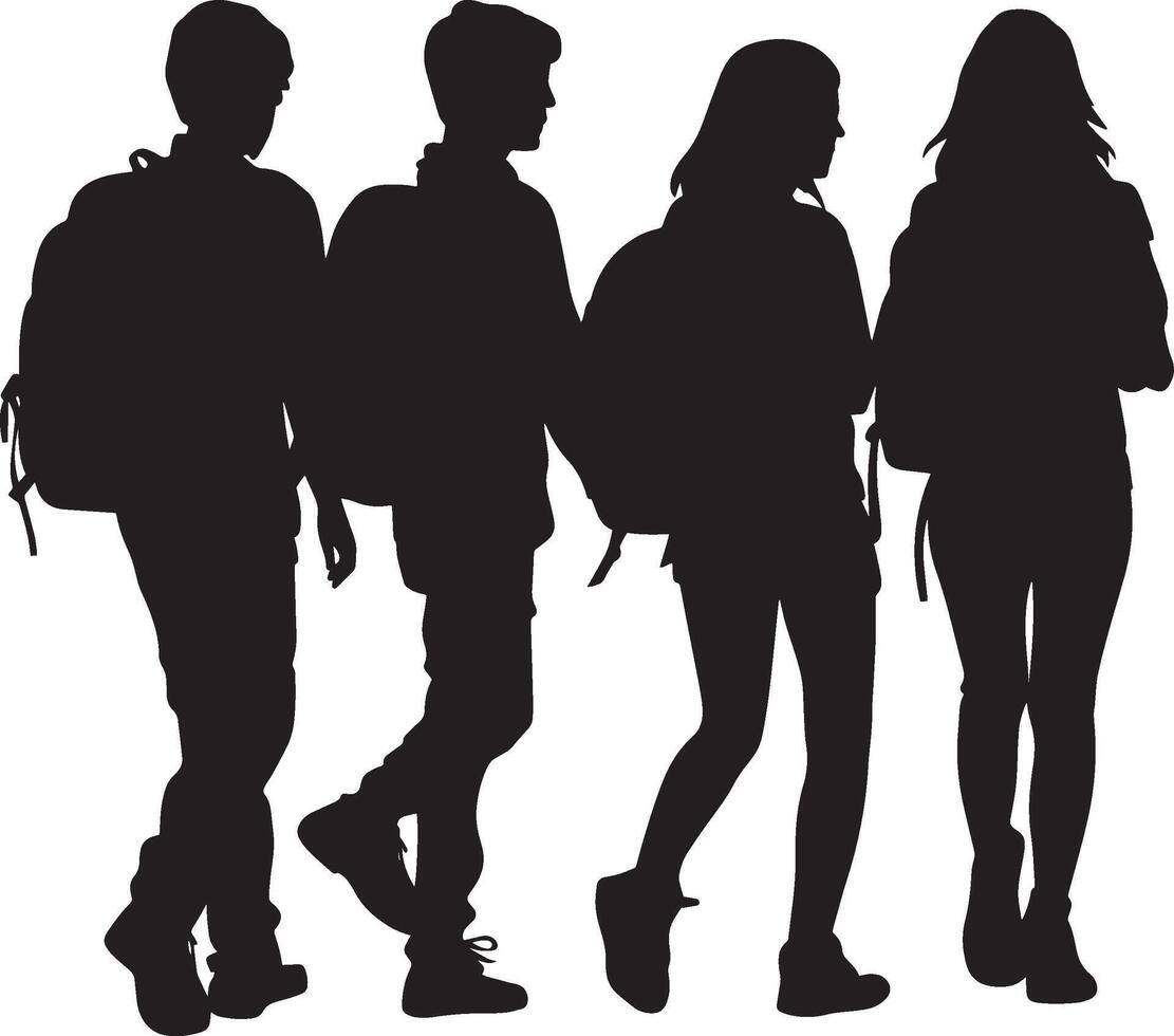 Field Trip Excitement A black silhouette of a student walking with a group, schoolbag on their back. vector
