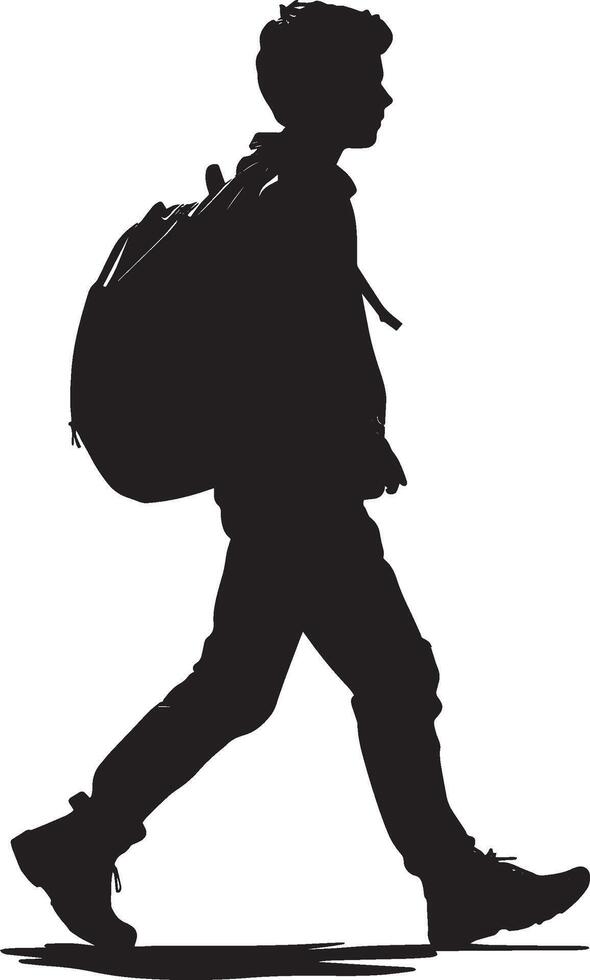 Exploring After School A student walking down the street, exploring with their schoolbag still on, after finishing classes. full length silhouette black illustration vector