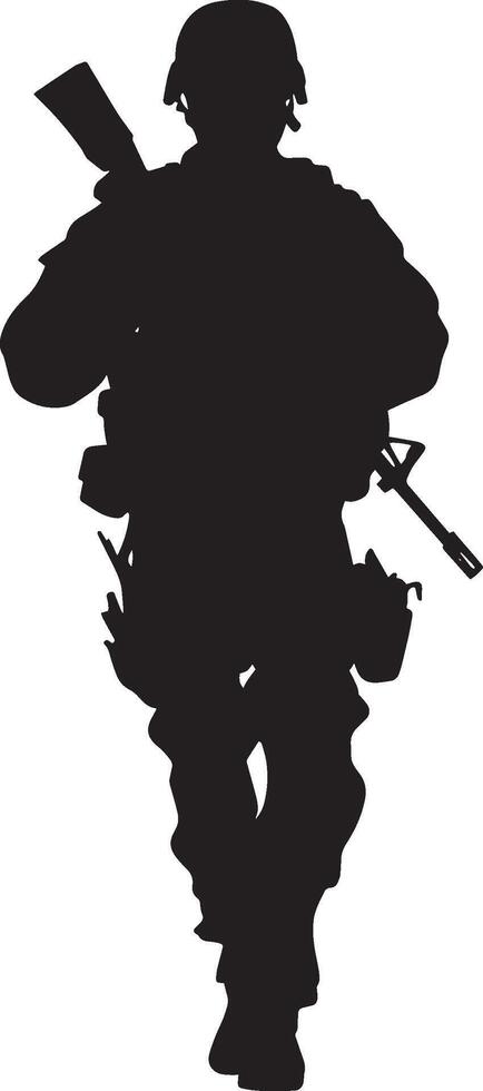 Cautious Approach A full-length black of a soldier advancing while scanning the area. vector