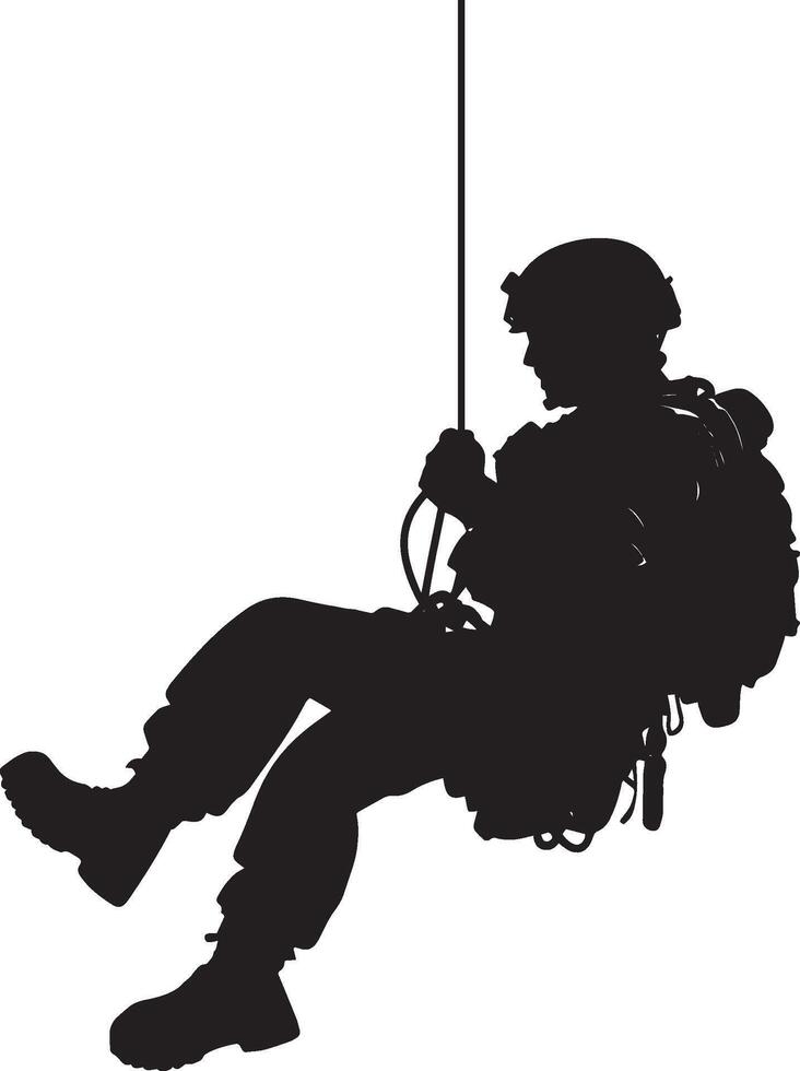 Rope Descent A black silhouette of a soldier rappelling down a building. vector