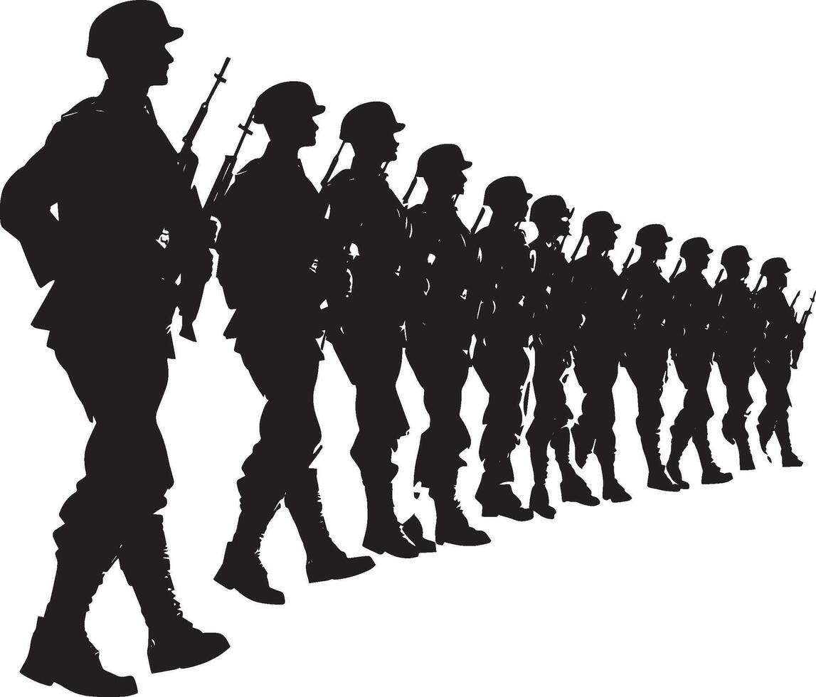 Coordinated Formation A full-length black of a group of soldiers marching together. vector