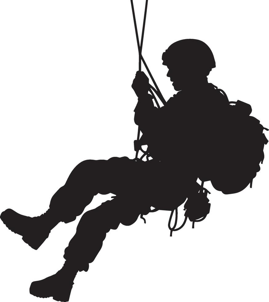 Rappelling A soldier descending from a building or structure using a rope, with both hands on the rope and feet pushing off the surface. full length silhouette black illustration vector