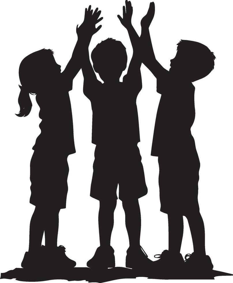 Teamwork A child lifting or handing something to another, collaborating with classmates. full length silhouette black illustration vector