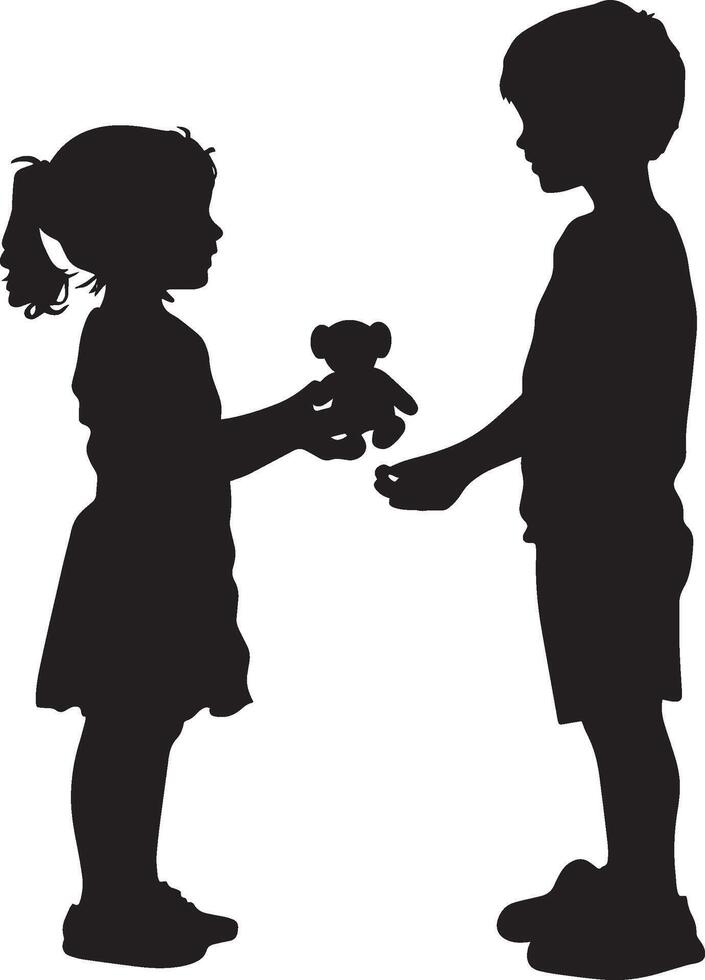 Sharing Moment A full-length black of a child offering a toy to a friend, showing kindness. vector