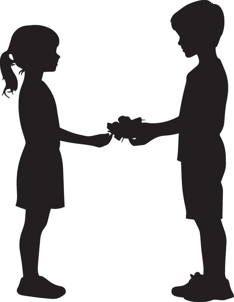 Kind Gesture A black silhouette of a child handing a toy to a friend with a smile. vector