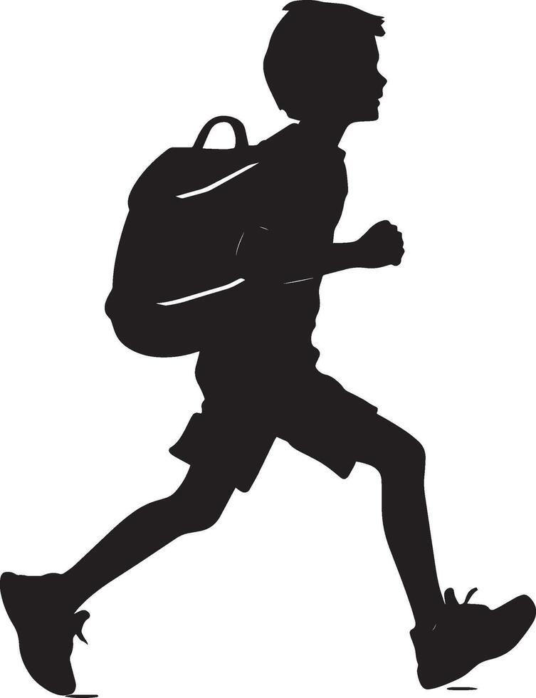Running to School A student running quickly, schoolbag bouncing slightly on their back, eager to get to class. full length silhouette black illustration vector