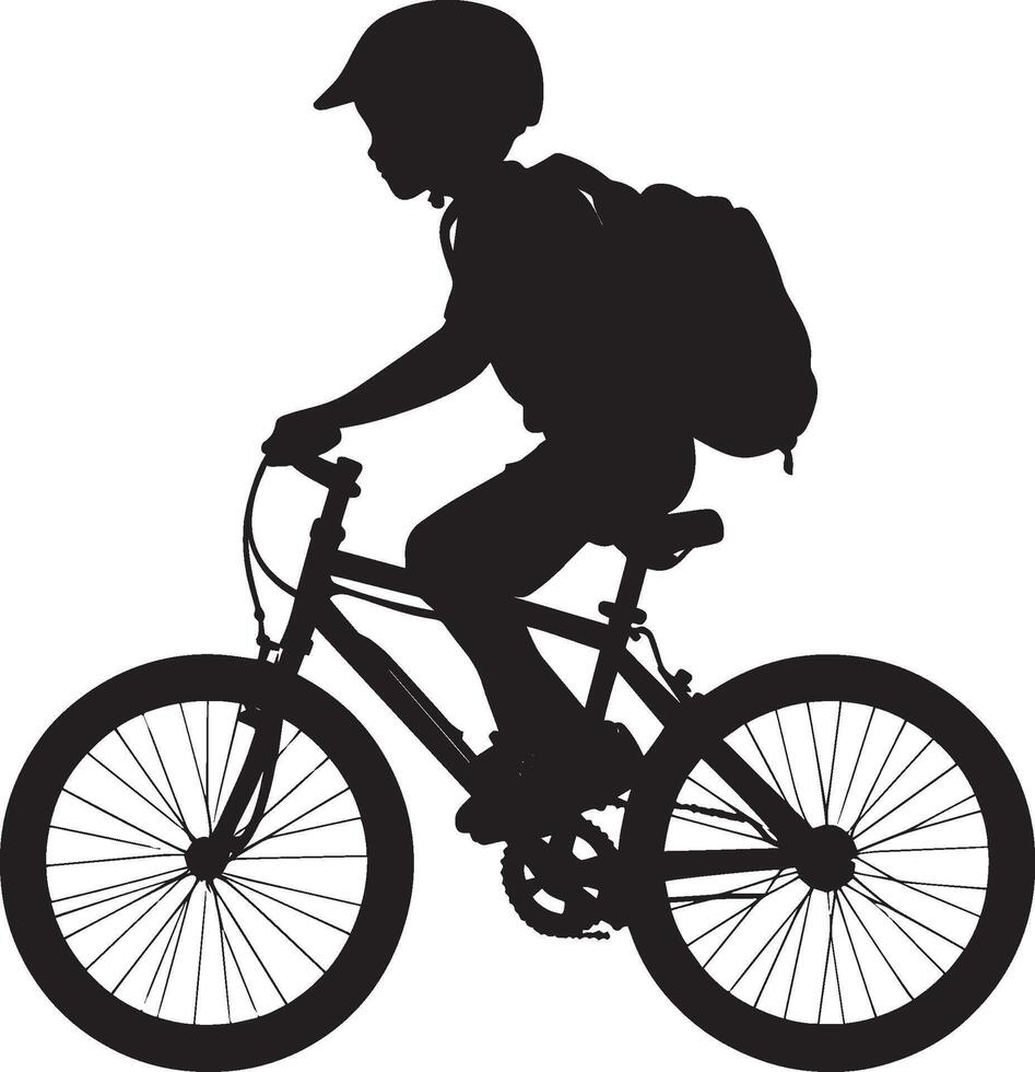 Cycling to Class A black silhouette of a child riding a bike to school, backpack and helmet on. vector
