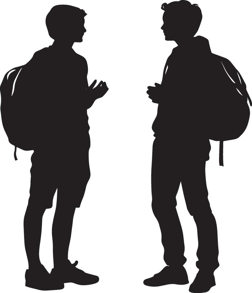 Socializing A student chatting with friends, holding their schoolbag casually or resting it next to them while they talk. full length silhouette black illustration vector